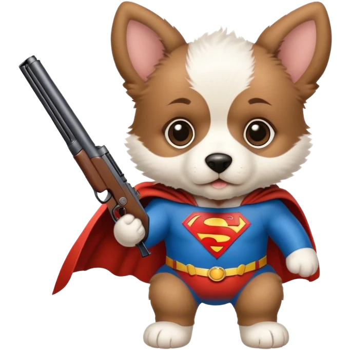 a puppy in superman suite carying a shotgun emoji