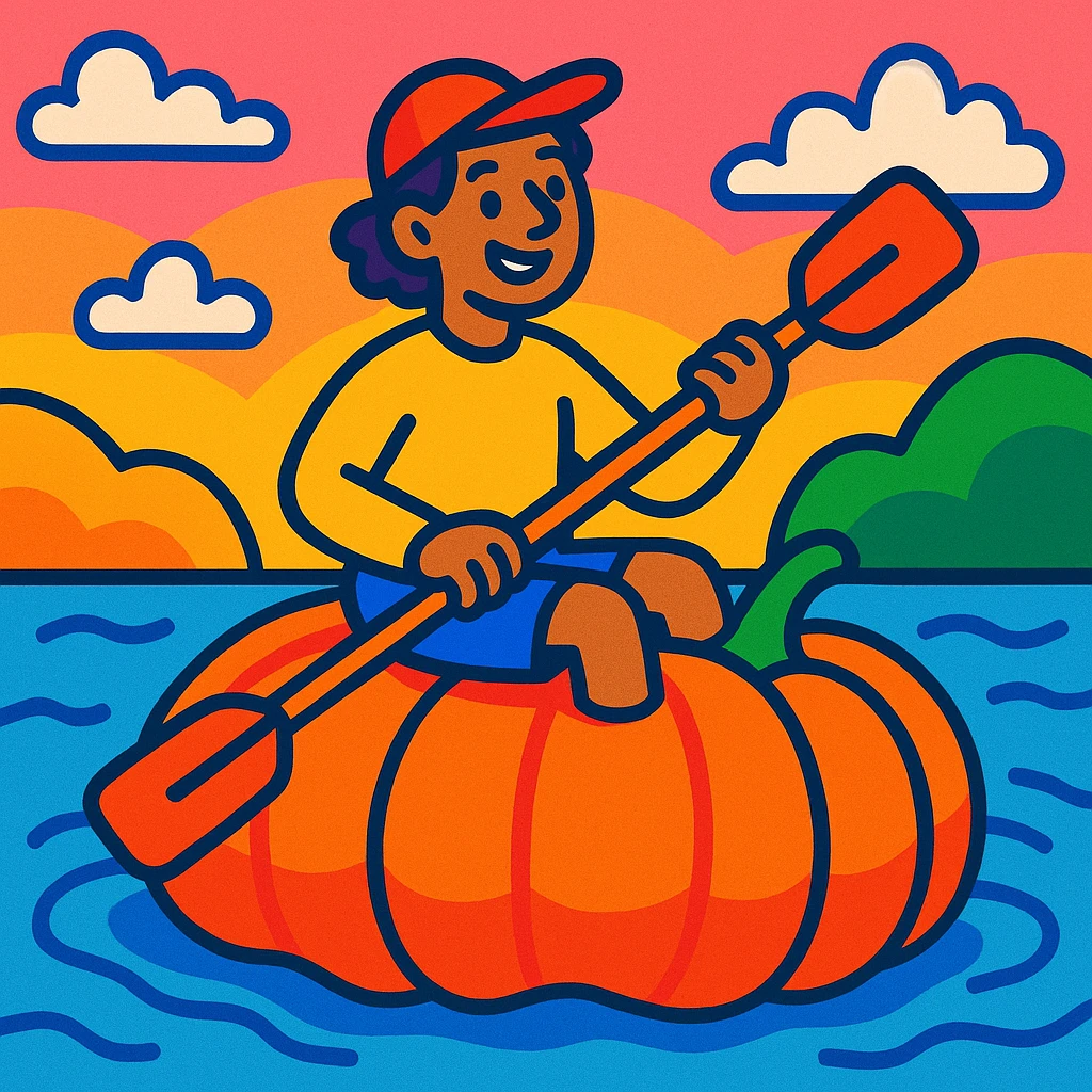 a person kayaking on a giant pumpkin, playful and whimsical, vibrant toon style, colorful and fun emoji