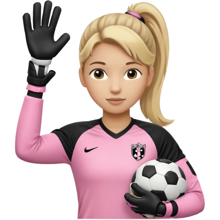 Make a dirty blonde football goalkeeper with goalkeeper gloves on. The girl is light skinned and wearing a light pink football kit. Wearing one ponytail on back of head. Make it without the whole body. With full sleeves. No RUGBY BALL JUST BLACK AND WHITE BALL. Holding ball under armpit emoji