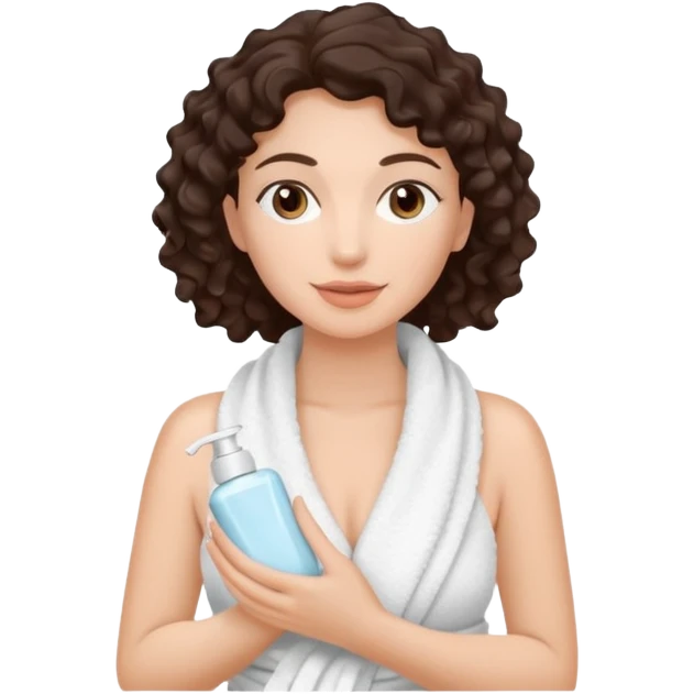 Uma mulher de toalha na cabeça pq ela acabou de sair do banho. Tem pele branca e cabelo marrom escuro.  Ela tá com um hidratante nas mãos,  pq ela vai cuidar da pele emoji