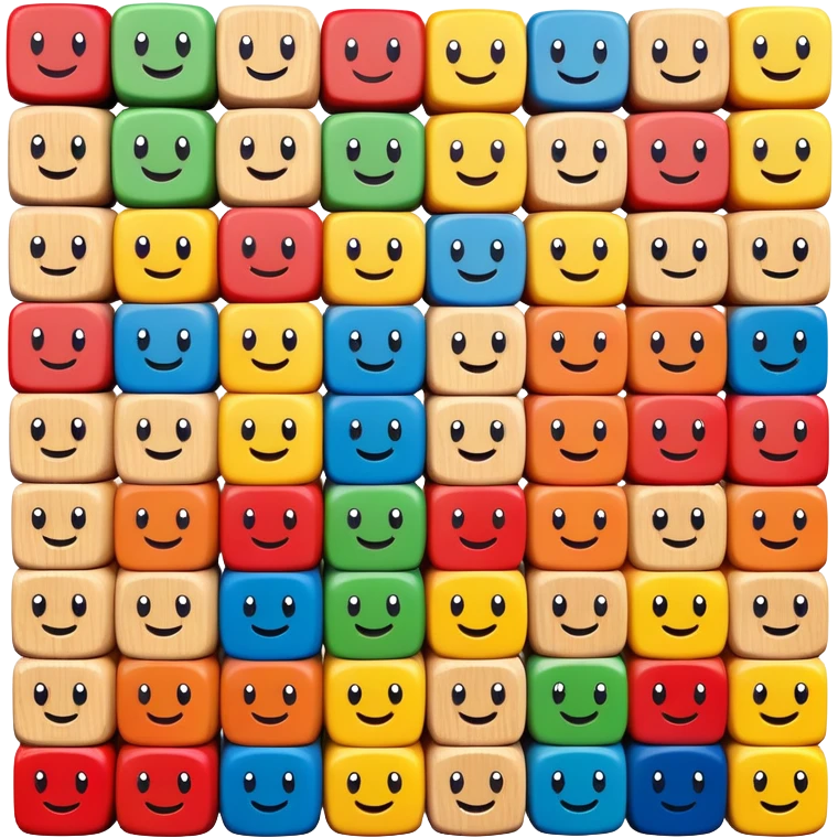 A stack of colorful toy blocks, each with adorable faces and expressions emoji