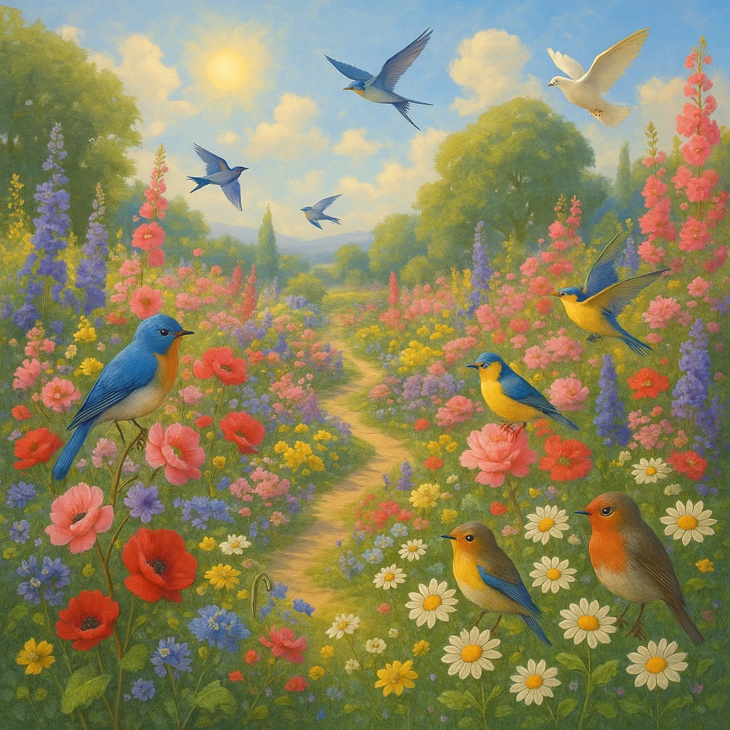 utopian garden with flowers, birds, and no cats in sight emoji