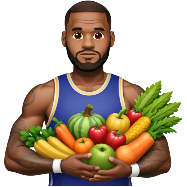LeBron James with arms full of colorful fruits and vegetables emoji