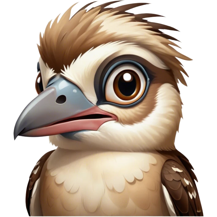Cinematic Comical Kookaburra Portrait Emoji, Head tilted dramatically with an exaggeratedly amused expression, featuring a strikingly patterned brown and cream plumage with wide, expressive eyes filled with playful disbelief, Simplified yet hilariously expressive features, highly detailed, glowing with a slightly sassy glow, high shine, dramatic yet playful, stylized with an air of cheeky bushland mischief, bright and endearing, soft glowing outline, capturing the essence of a spirited and over‐the‐top kookaburra, so meme‐worthy it feels like it could cackle its way into internet fame instantly! emoji