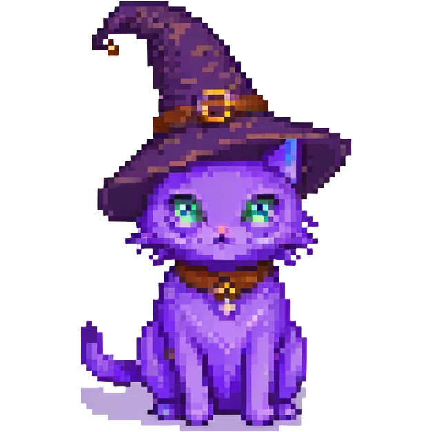 A purple witch cat, pixel art style, sitting. emoji