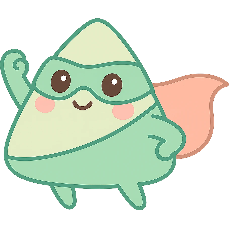 zongzi transformed into a superhero, wearing a cape and mask, cartoon style, humorous and fun for Dragon Boat Festival emoji