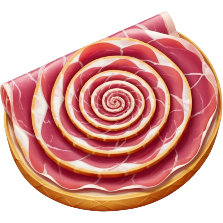 dry-cured ham, one or two thin folded slices, deep pink to red, white fat streaks, silky, translucent, marbled, natural folds or curls, creamy integrated fat, no bread, fruit, plate, or faces, clean 3D, soft shadows, transparent background, emoji scale emoji