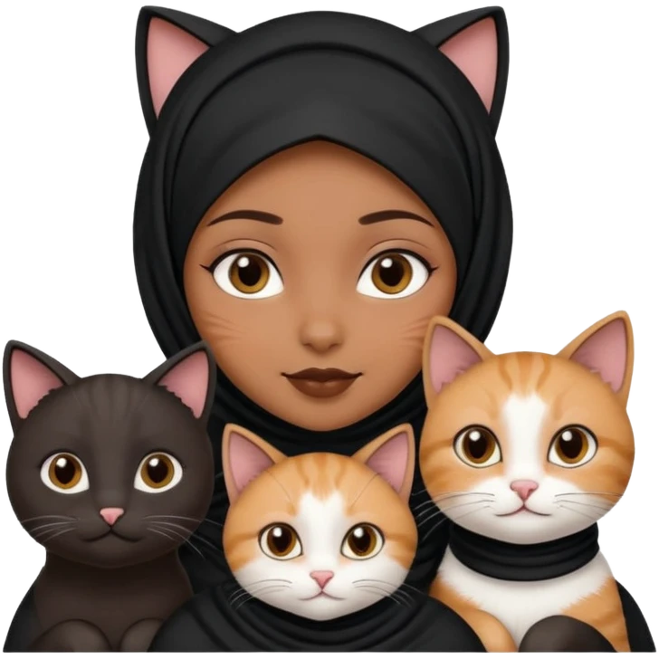 A girl with brownblack eyes and black hijab and three cats, one blackwhite girlcat and one blackwhite boy cat emoji