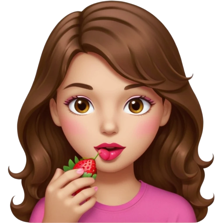 girl with long wavy brown hair, brown eyes, light to medium complexion, in a pink shirt, pink lips, long lashes, sexy , puckering lips kissing, blushing, eating a strawberry sexy emoji