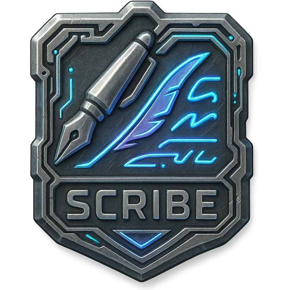 a metal insignia badge for a "scribe", space scifi-futuristic cyberpunk futurepunk emoji