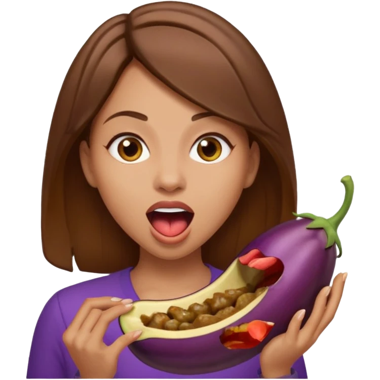 Brown hair light skin woman mouth open about to eat an eggplant emoji