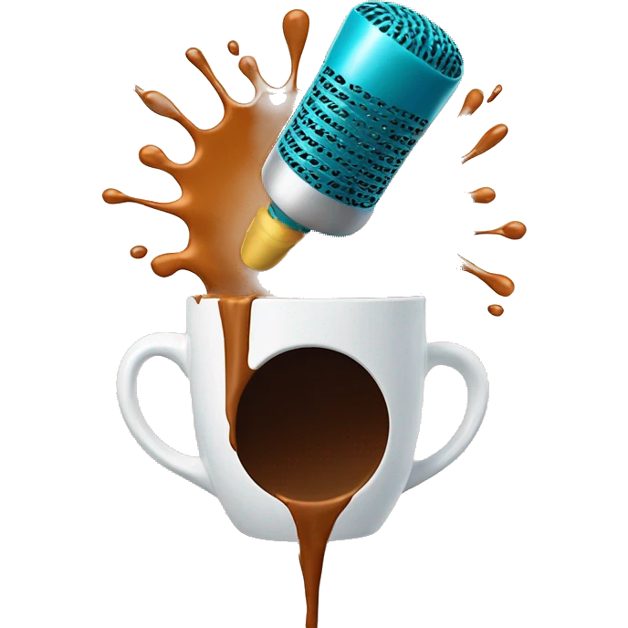 big microphone falling inside a coloured coffee mug and coffee splash emoji