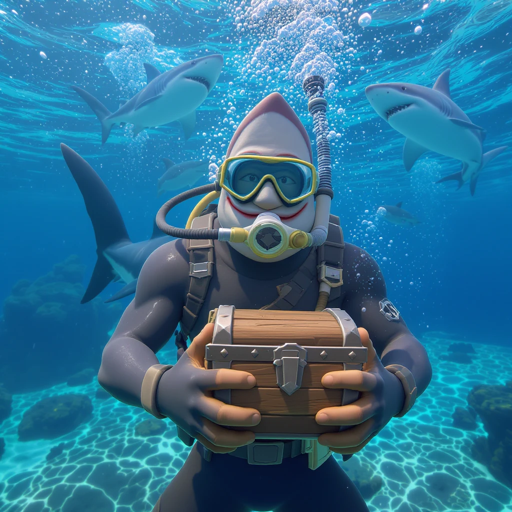portrait, closeup, 3D, symmetrical, fortnite art style, diver holding chest underwater, happy shark swiming around him, crystal water, sunny day emoji