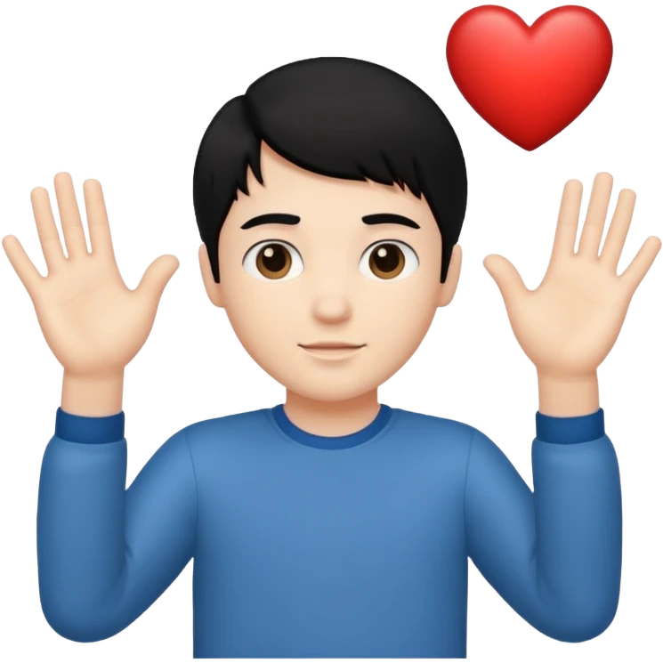 White boy with black hair holding up heart hands emoji