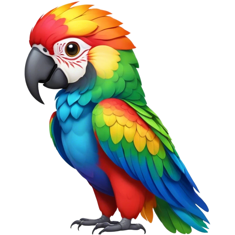 Cinematic Noble Macaw Portrait Emoji, Poised and regal, with vibrant, iridescent feathers in a spectrum of brilliant colors and sharp, intelligent eyes, Simplified yet sharp and sophisticated features, highly detailed, glowing with a soft, tropical radiance, high shine, majestic and graceful, stylized with an air of exotic elegance, focused and alert, soft glowing outline, capturing the essence of a watchful and confident avian guardian that seems ready to soar out of the screen with effortless authority! emoji