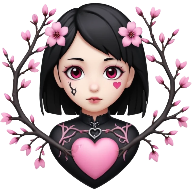 goth sakura heart, heart pierced by sakura branch, black and pink emoji