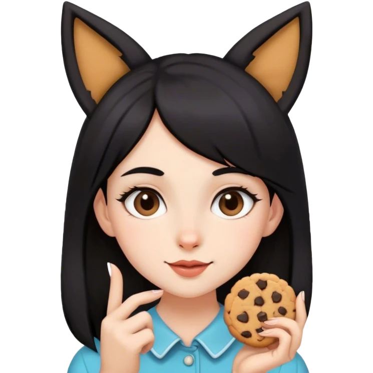 Black haired girl, black fox ears, holding chocolate chip cookie emoji