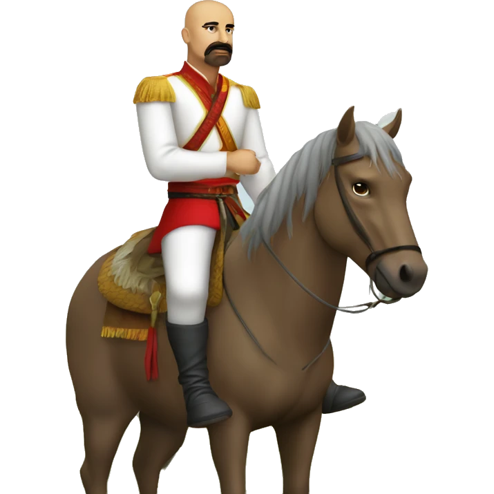 a Cossack warrior sitting on a horse in a field. The Cossack has a shaved head and a long strand of hair on one side. He has a thick, curved mustache and wears a gold earring in his left ear. He is wearing a simple white shirt and red pants emoji