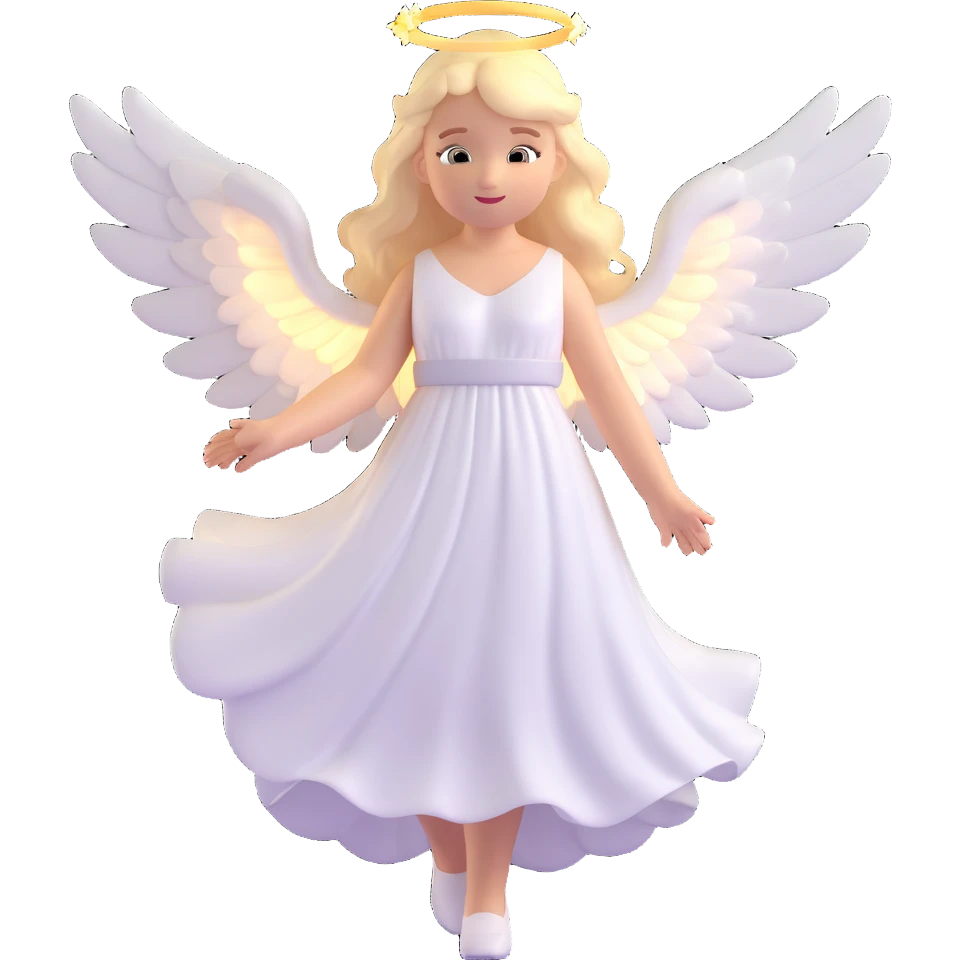 blonde angel girl with glowing white wings, gentle halo above her head, wearing flowing white dress, radiating purity and light, 3D emoji style emoji