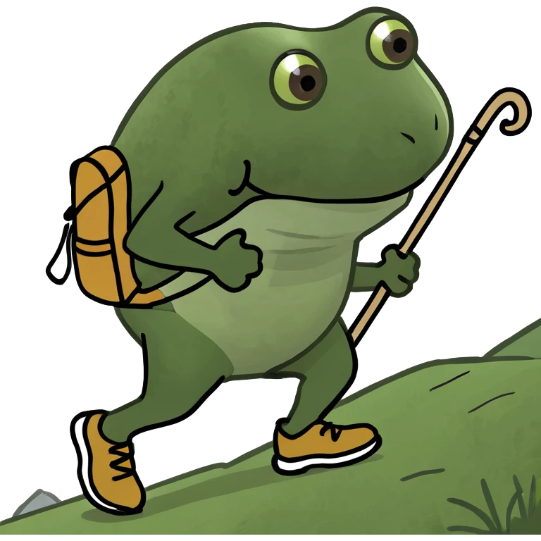 bufo hiking uphill with a stick and backpack emoji
