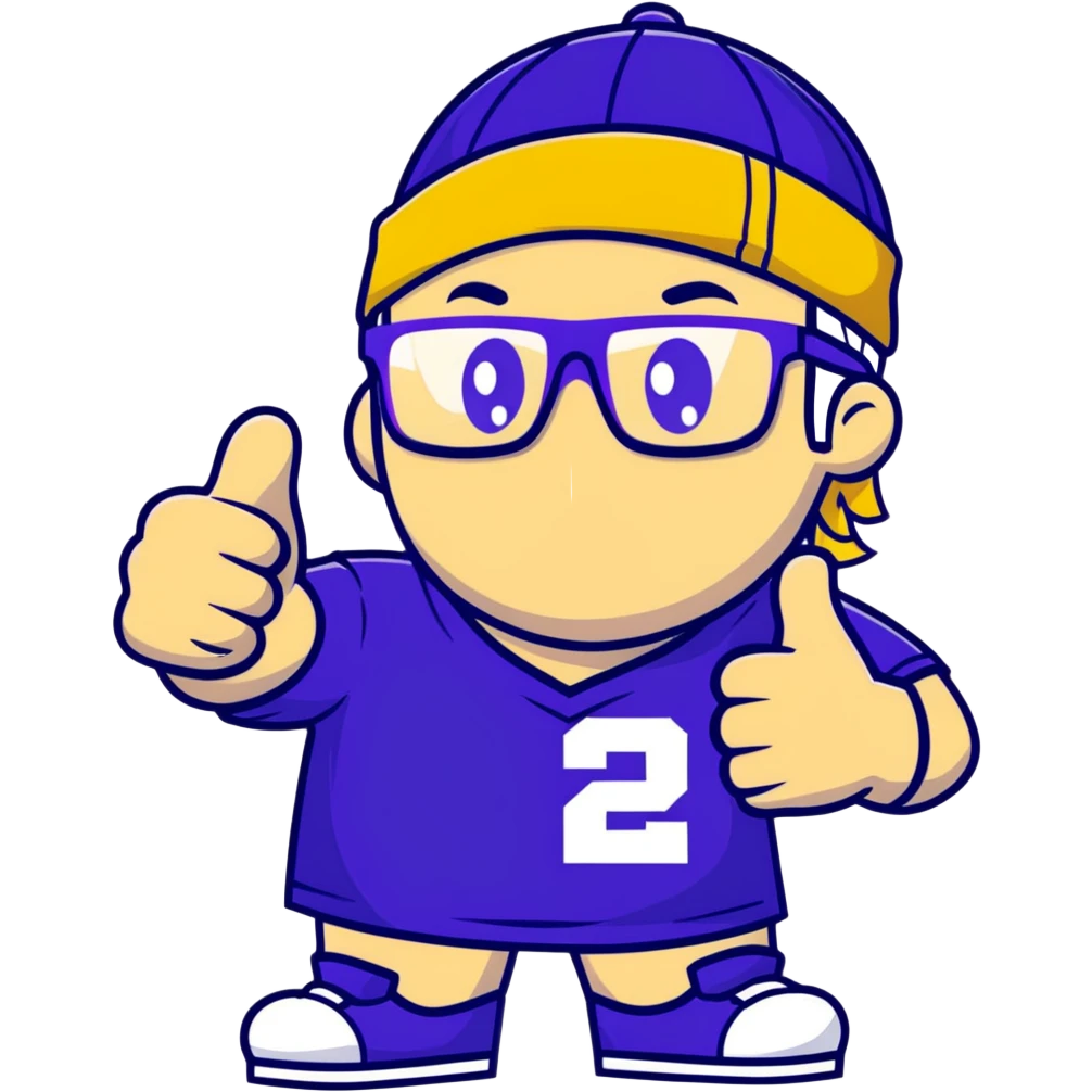 Man with black and white cap, purple sports jersey with number 32, clear glasses, disheveled light blond mullet hairstyle, thumbs up gesture, relaxed expression emoji