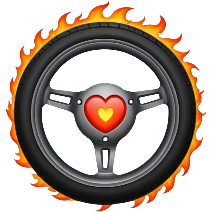 a burning car wheel, and in the center of the wheel there is a red heart emoji
