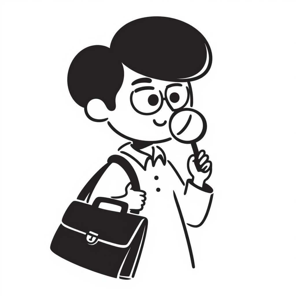 curious schoolboy with a briefcase and magnifying glass, black doodle style emoji