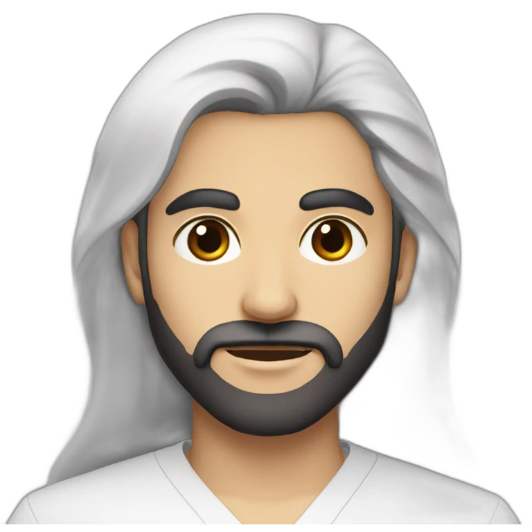 An Iranian man with fair skin, with relatively long hair and an English model, with a medical uniform and a medium-shaded black beard, handsome black eyes and a round face and big lips. emoji