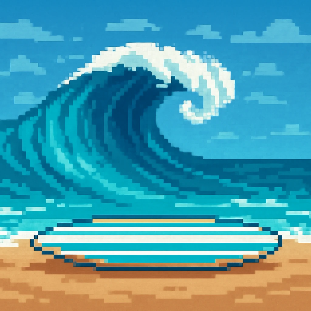 Add a pixel art ocean wave background behind the surfboard, matching the pixel art style. The style should resemble pixel art with blocky, pixelated details and limited color palette. emoji