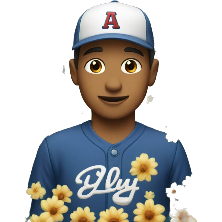 boy in baseball cap that says FLOWER GUY in white text emoji