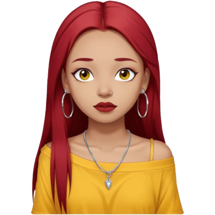 generate a pretty bratz girl with dark brown eyes. Dark long red hair straight long. wearing a yellow oversized tee falling off her shoulder, dainty silver necklace, silver hoops, septum piercings. big eyeliner emoji