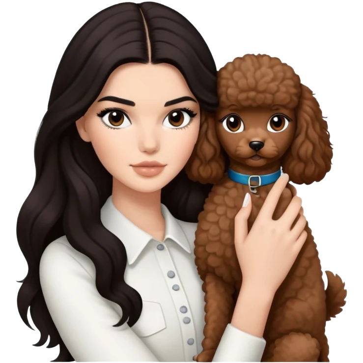 Kendall Jenner with long dark hair, holding a brown poodle and a black and white cat emoji