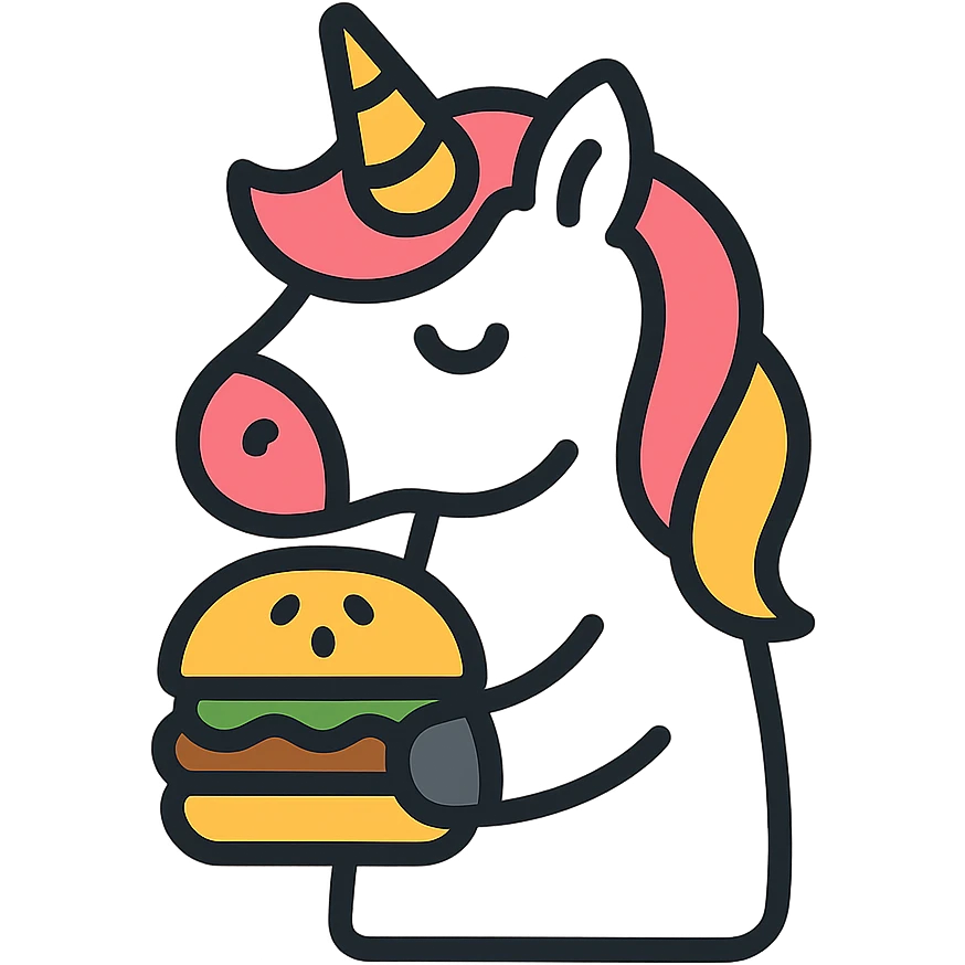 unicorn with a hamburger, minimalist, modern, lineal color icon with black outlines emoji