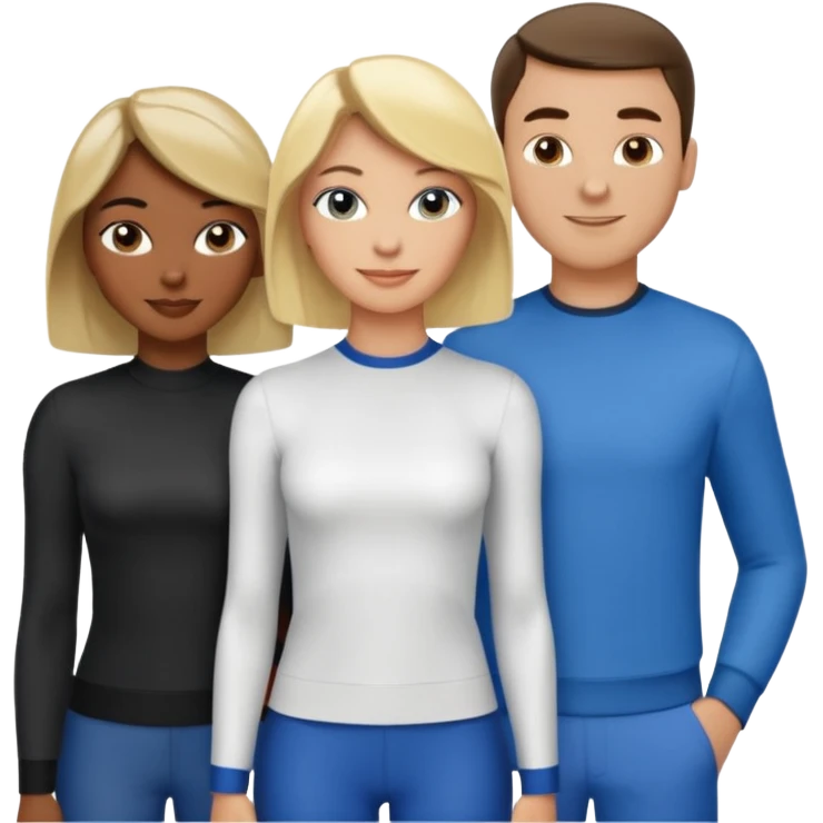 3 Friends standing side by side, charlie's angels style: 1 black woman with a short flat pressed bob, 1 hispanic man with a thin nose and long hair, and 1 white guy with blue eyes and a short brown-blonde haircut emoji