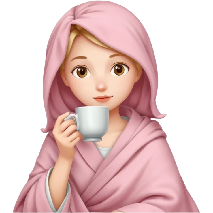 Милая девушка  и пьет чай укутавшись светло розовым пледом  emoji