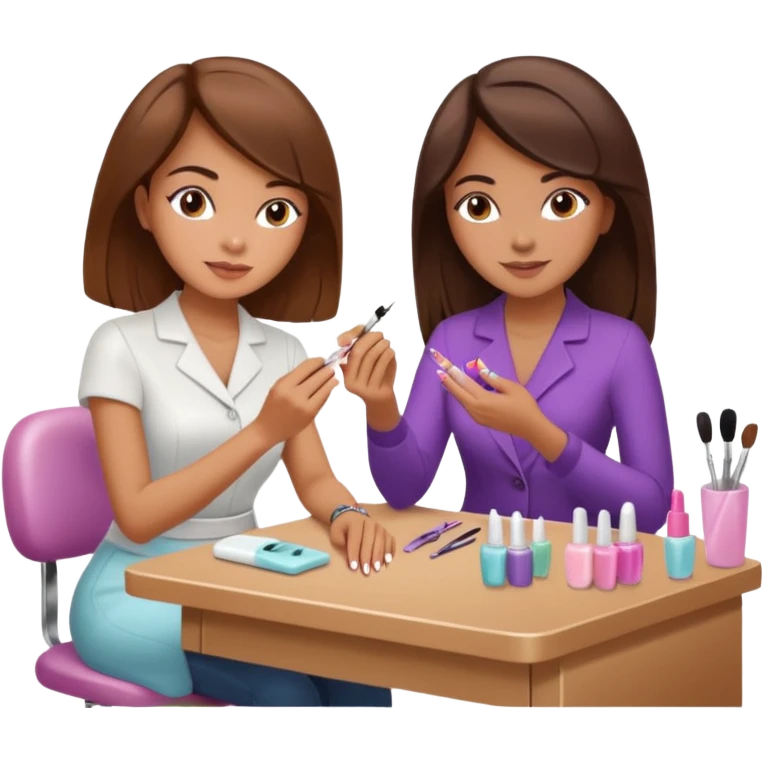 A realistic illustration of a girl with medium-length thick brown hair sitting at a manicure table. Another girl is carefully doing her nails, using professional manicure tools. Soft natural lighting, clean salon environment, detailed hands and nail work, warm and pleasant atmosphere. emoji
