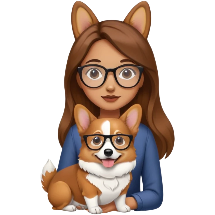 A girl with long brown hair and glasses is holding a corgi emoji