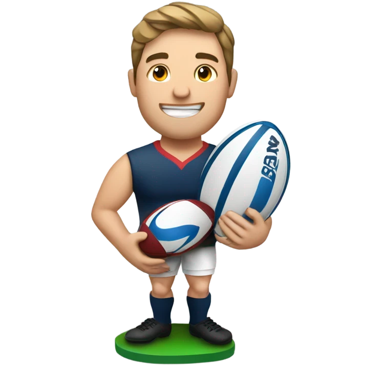 A male rugby player holding a rugby ball in one hand and holding up a trophy in the other emoji