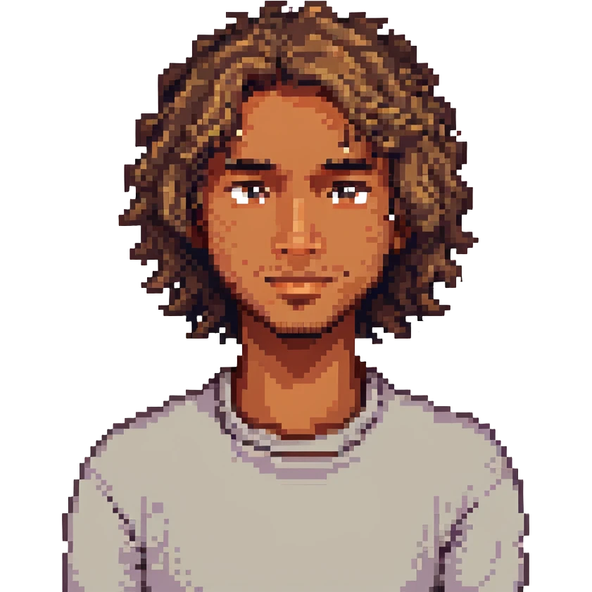 a man with wavy hair, medium brown skin, and a small mole on his left cheek, pixel art style emoji