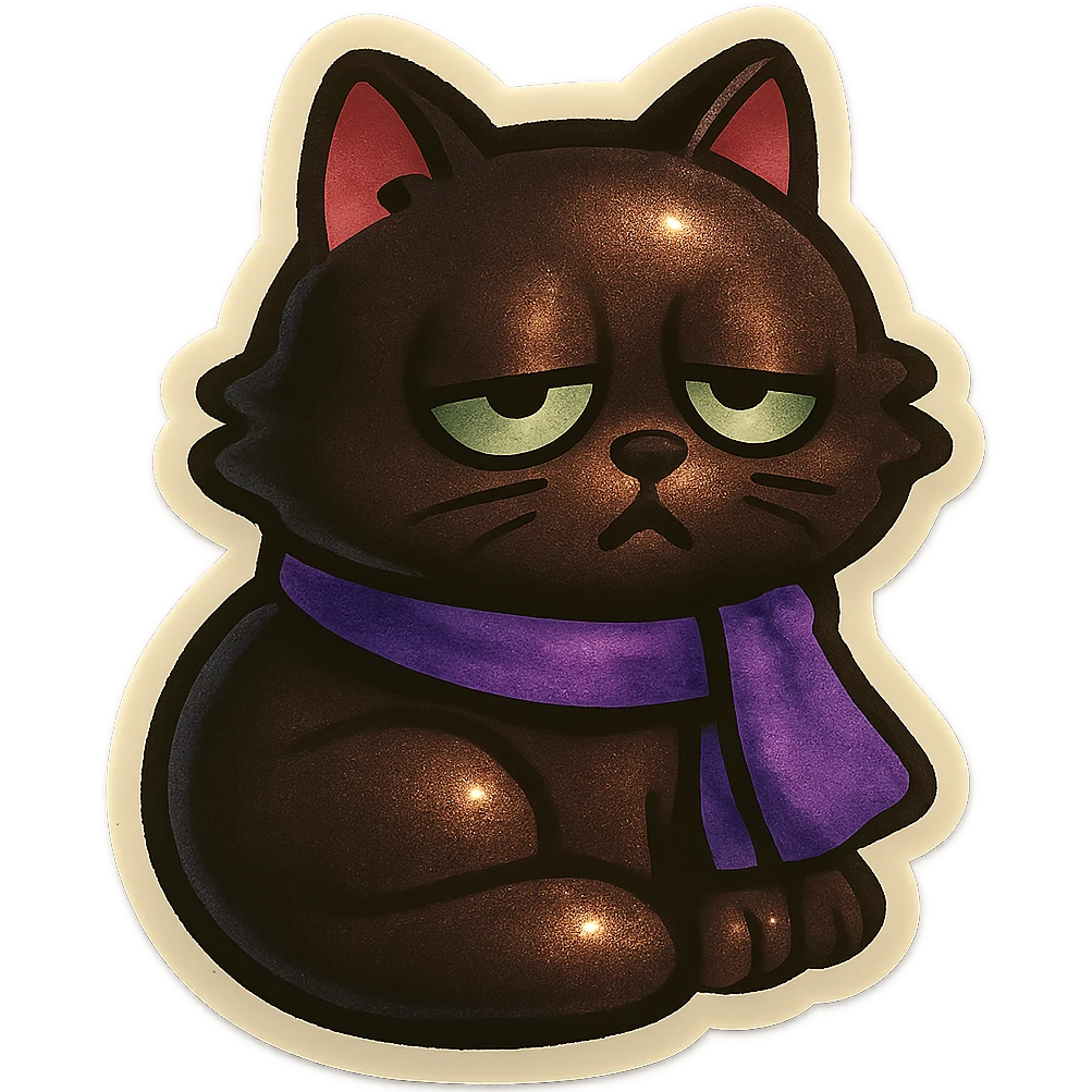 Fluffy sleepy tired dopey cute dark-brown cat with green eyes and a purple scarf  emoji