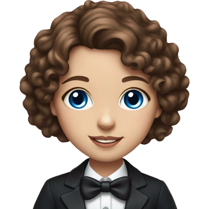 Realistic portrait of a girl with brown curly hair and blue eyes holding up her tuxedo cat  emoji