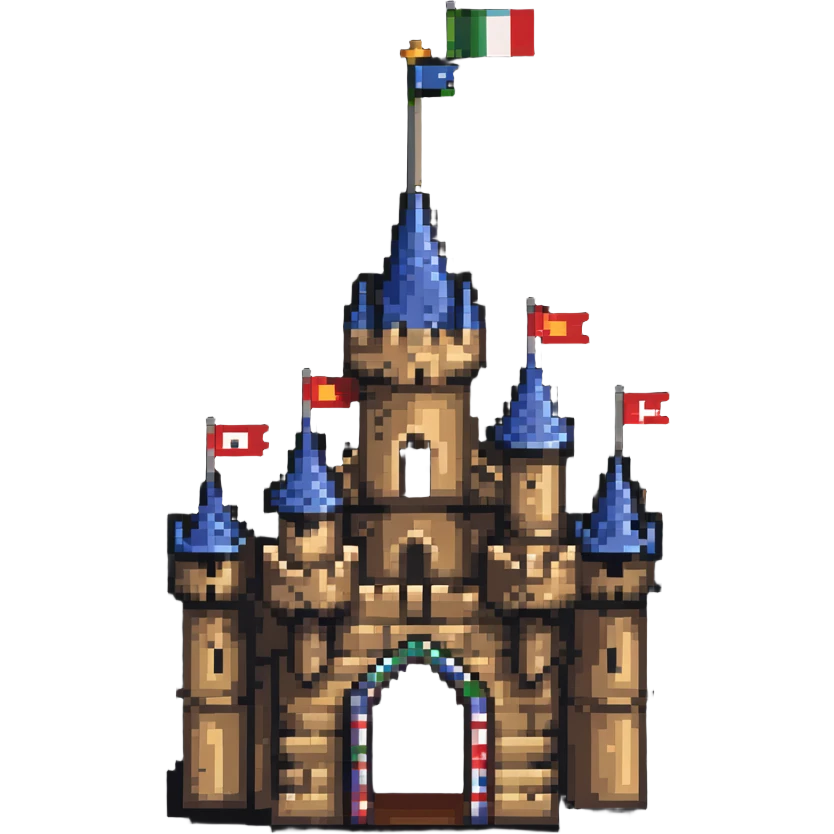 rustic wooden castle with flags emoji