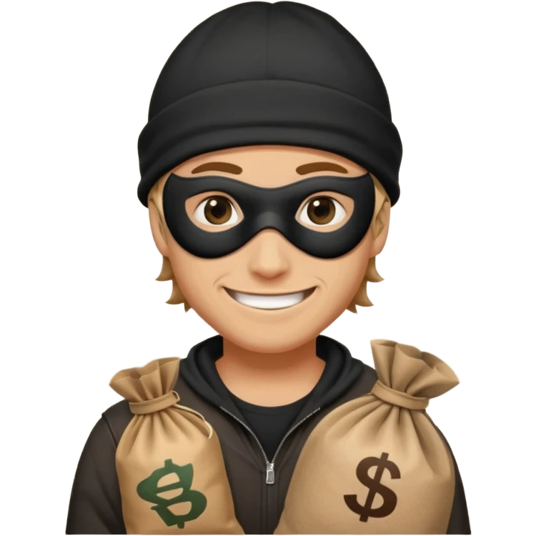 smiley robber wears black eye mask and black beanies with money bag beside him emoji