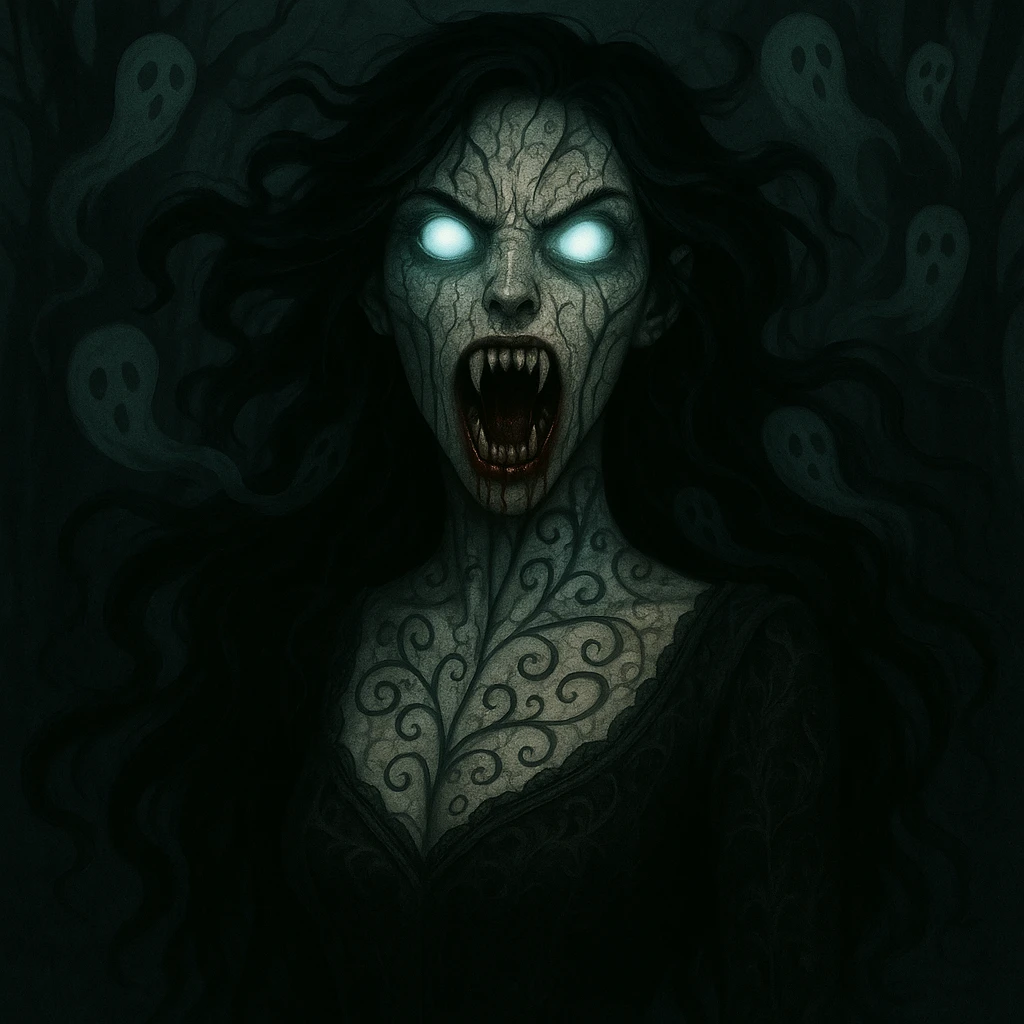 Make the beautiful scary girl even scarier with extreme supernatural horror features, more disturbing and haunting, while keeping her gothic beauty. Enhance the supernatural and horror elements to create a deeply unsettling and haunting atmosphere. emoji