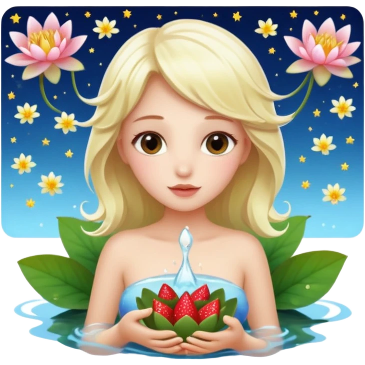 a beautiful girl mix with  watel lili and  Strawberries  being born with an nenuphar on her light hair on stars  emoji