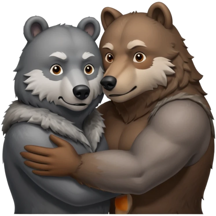 A beefy brown bear making out with a grey wolf. Both of them are males. And VERY into it. Increase realism to your highest potential.  emoji