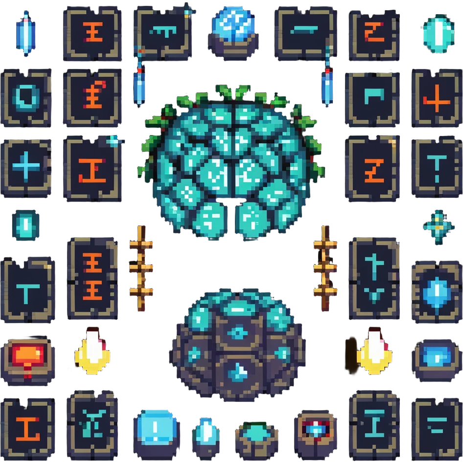 glowing crystal brain floating over ancient text tablets with runes and language symbols (A-Z, あ, 文, ع) orbiting around it, pixel art style emoji