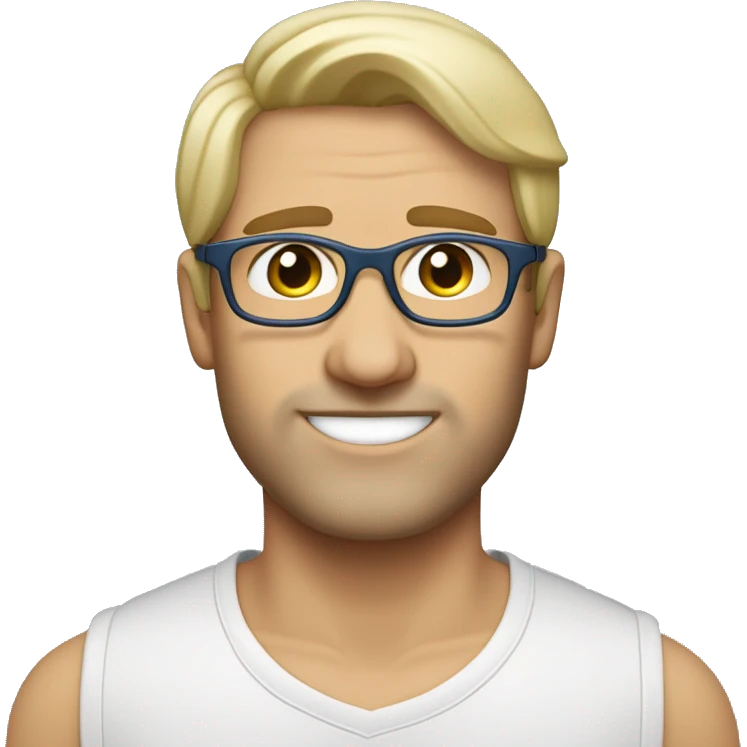 Mann, 39 Jahre, Panto-Brille taupe, schmales Gesicht, blond, blaue Augen, mid fade, Scheitel emoji