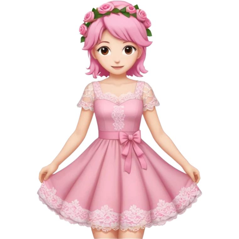 pastel anime woman with pink and white lace dress full body and roses in hair emoji