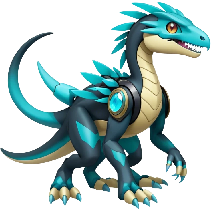 Shiny Futuristic Celestial Fakemon-Pokemon-Digimon-Spectrobes-Raptor-fusion, full body, four legs, black body, cyan accents, scales emoji